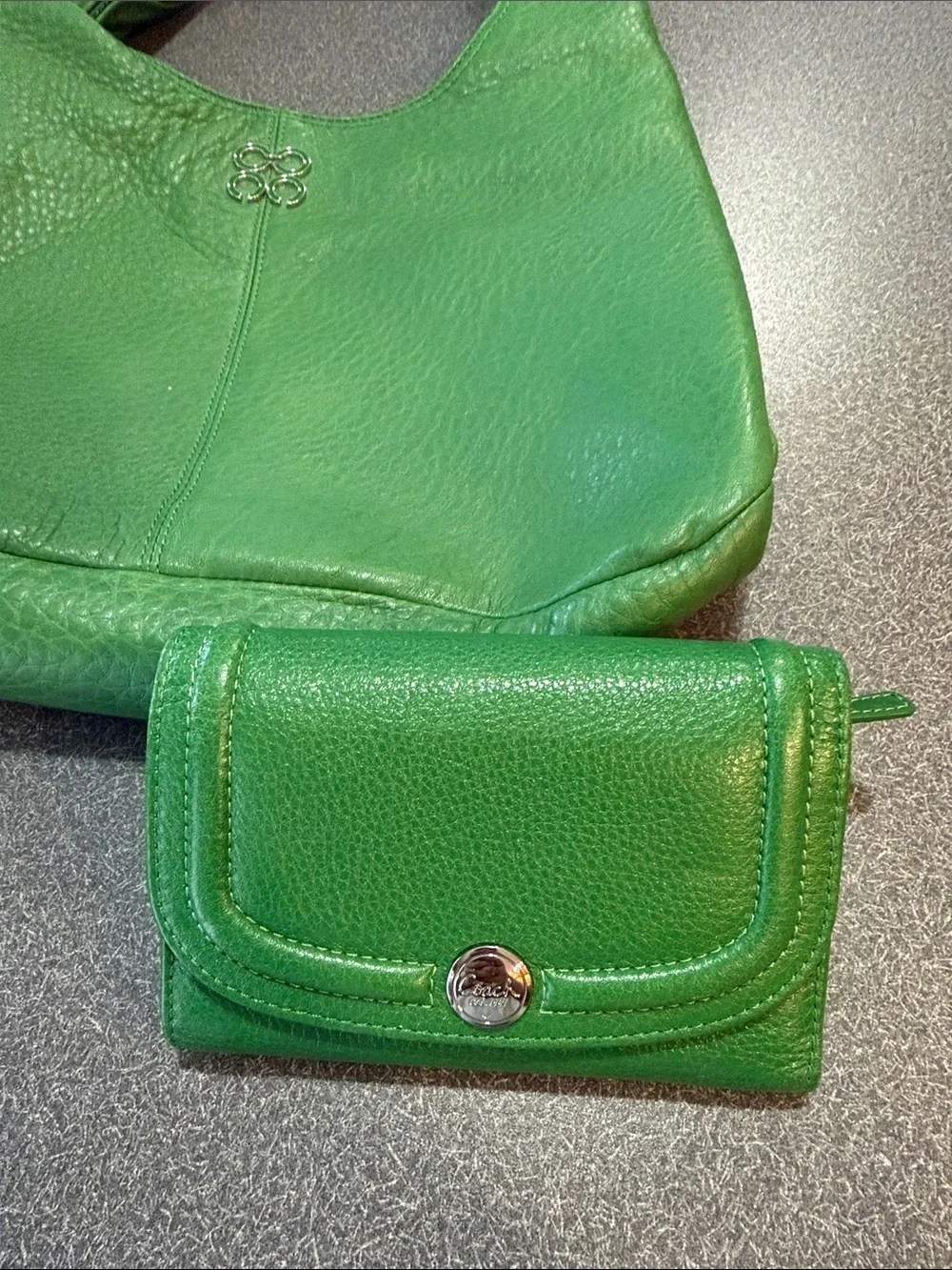 Coach Green Pebbled Leather Shoulder Hobo with matching wallet
